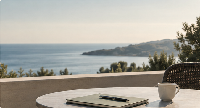 Vue sur la mer depuis une terrasse avec carnet et tasse