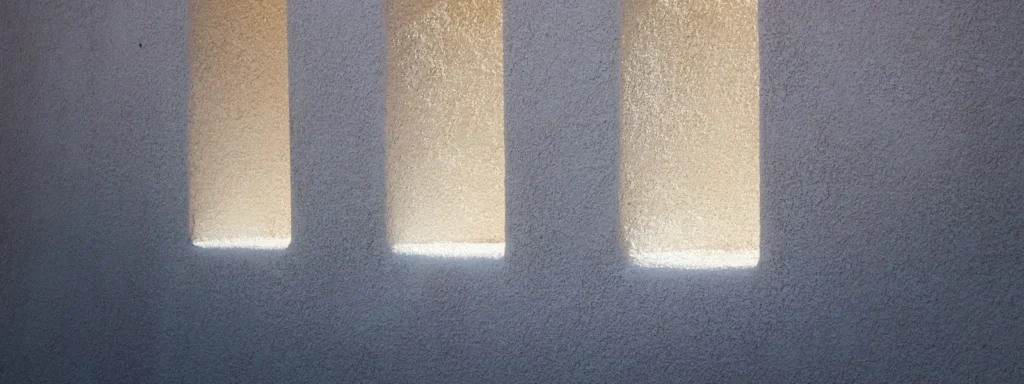 Trois ouvertures rectangulaires dans un mur de béton éclairé par le soleil.
